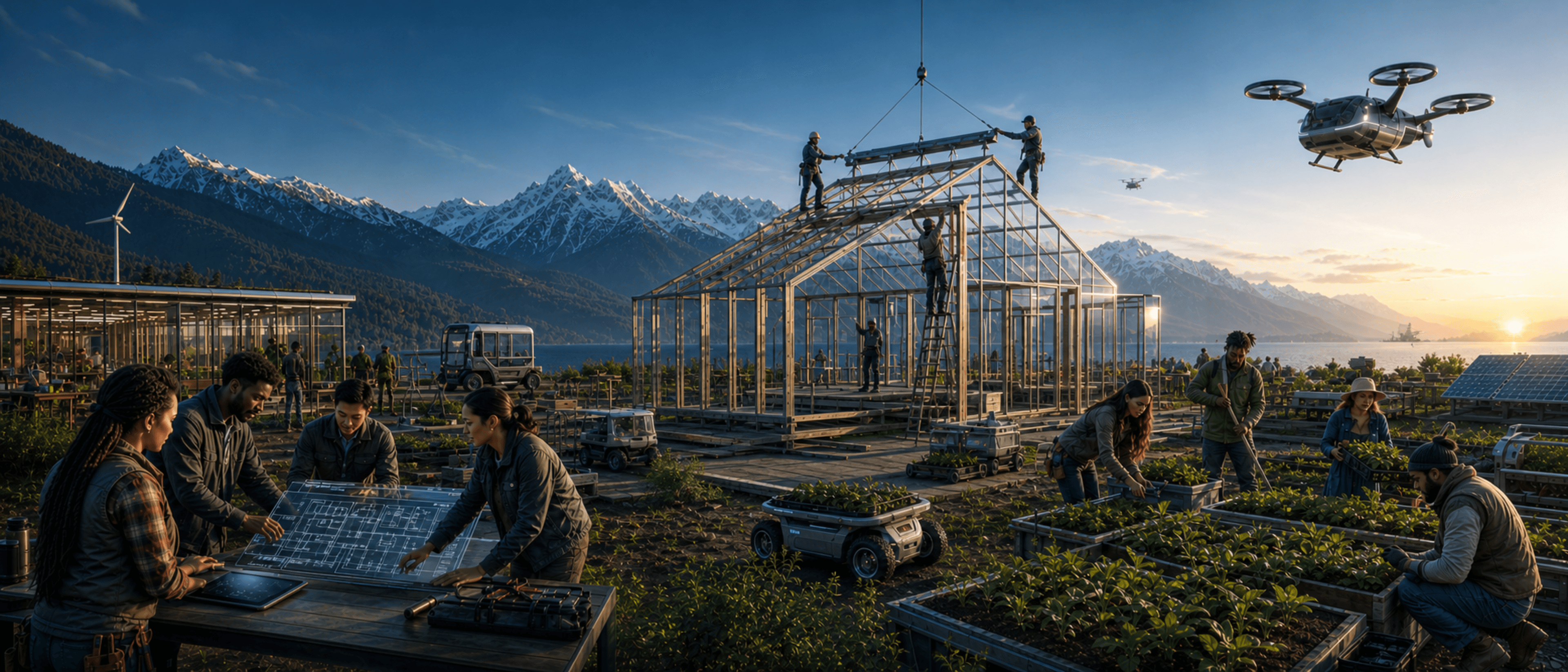 OpenCentric economic layer worksite with builders, farms, clean transport, water, mountains, and nature