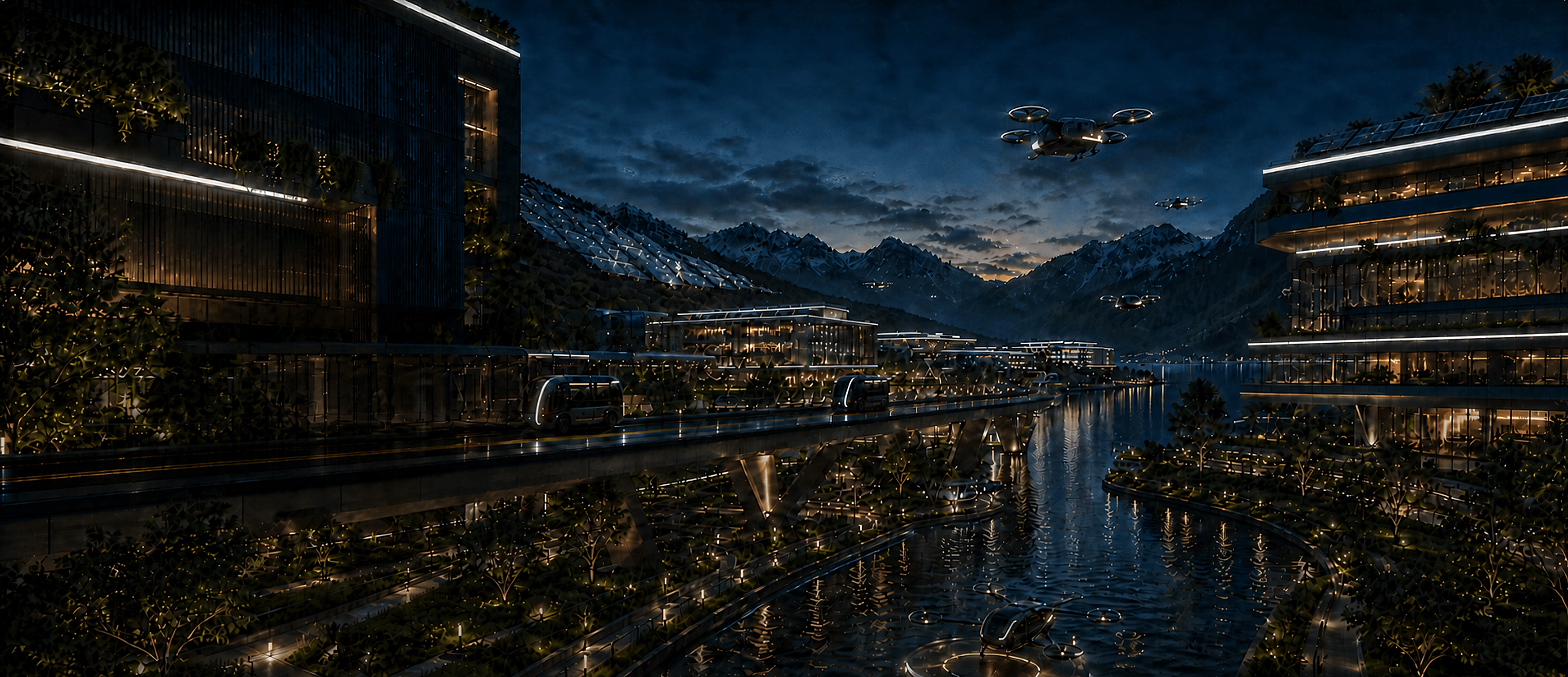 OpenCentric headquarters campus with air taxis, mountains, solar infrastructure, water, and nature