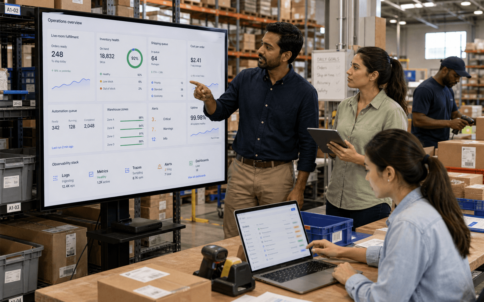 Warehouse team using OpenCentric to track fulfillment, inventory, cost, automation, and observability