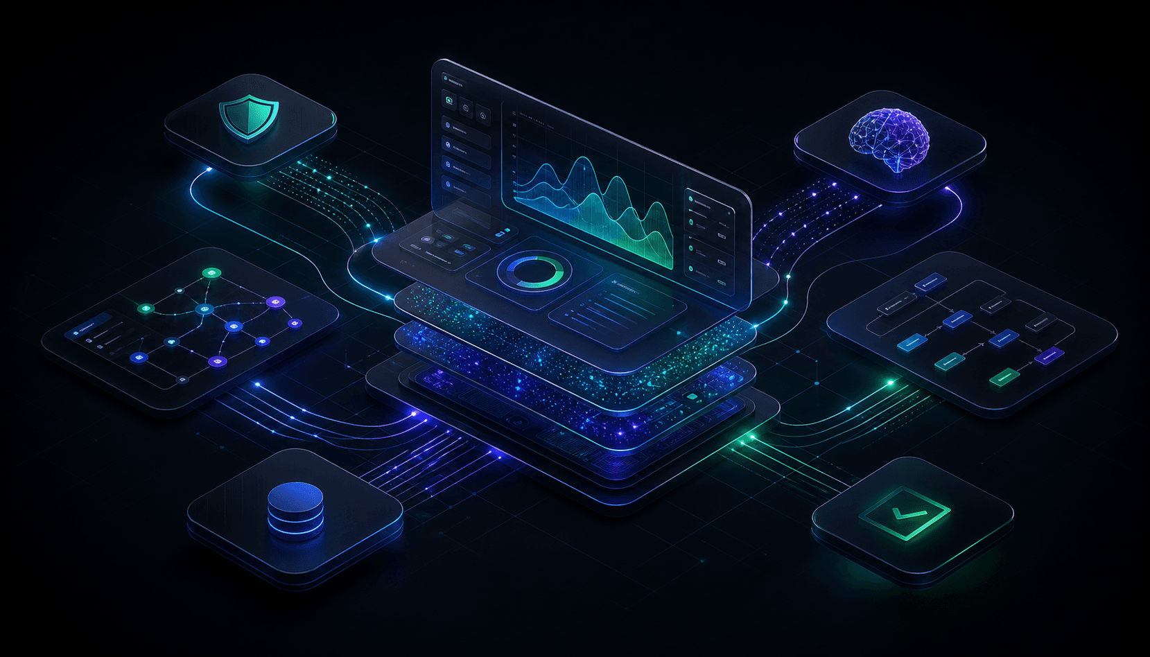 Colorful operating platform visual with connected data, AI, security, and workflow systems