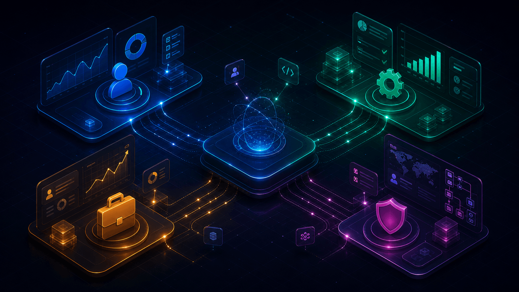 Colorful business automation visual showing dashboards, operations, security, and growth paths