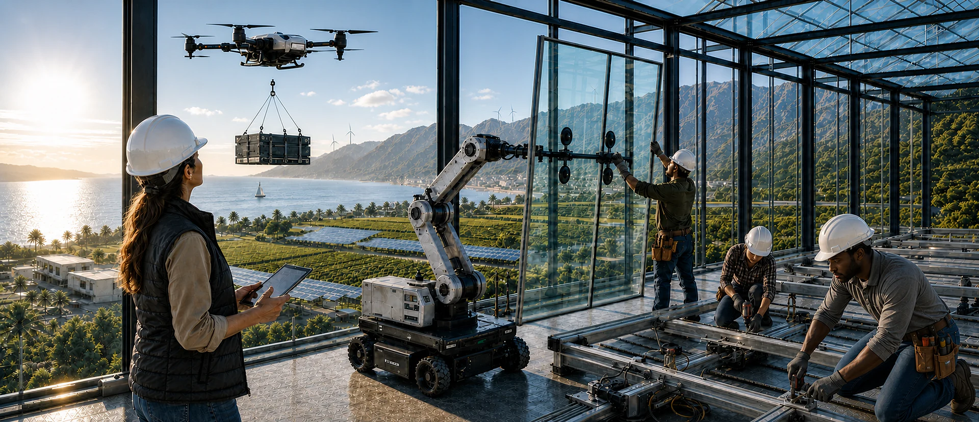 OpenCentric economic layer worksite with a tablet coordinator, cargo drone delivery, robotic glass installation, farmland, water, mountains, and clean energy