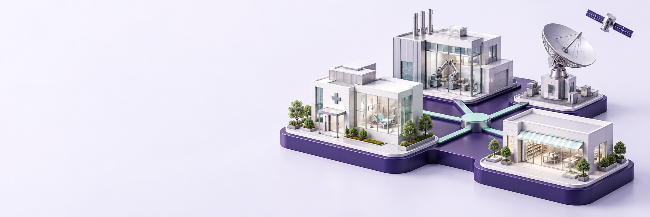 Concept illustration connecting healthcare, manufacturing, commerce, and space applications.