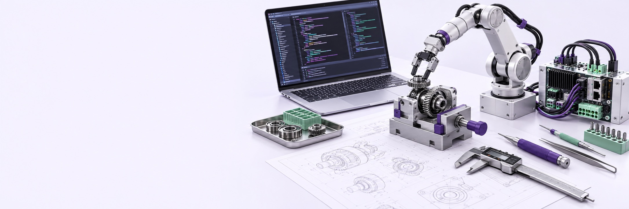 Concept illustration of a mechanical, robotics, and software workbench with a robotic arm, gears, electronics, and a coding laptop.