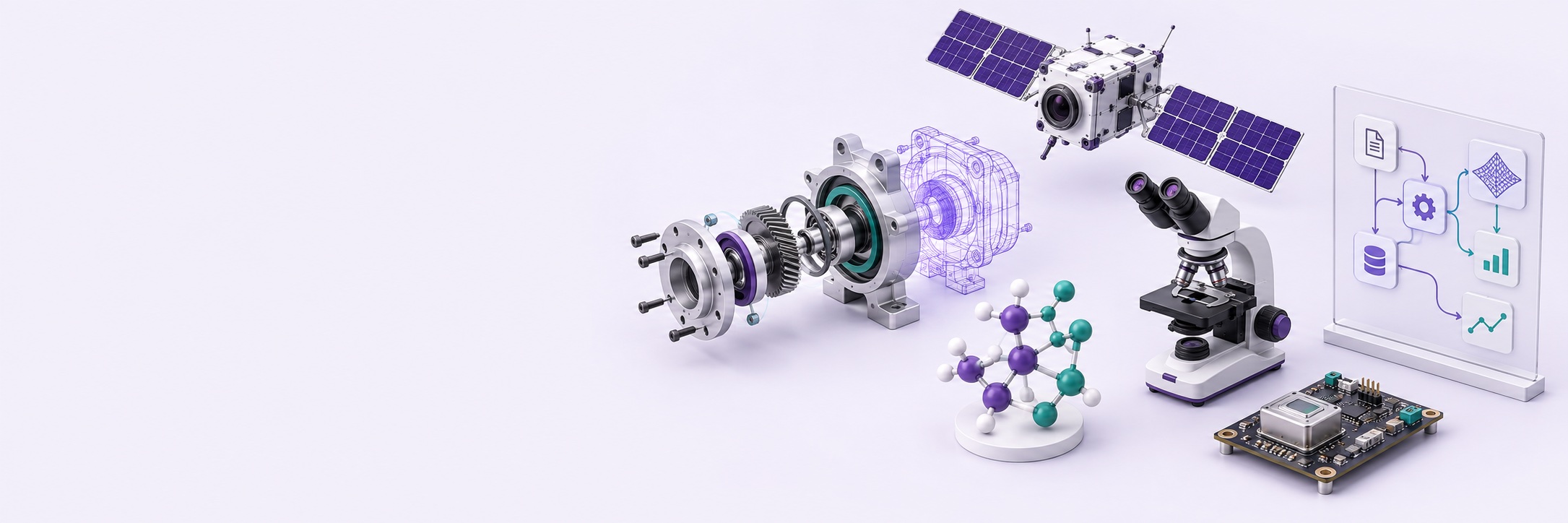 Concept illustration of an open engineering toolkit with an exploded CAD model, satellite, microscope, molecular model, sensor board, and data-lineage diagram.