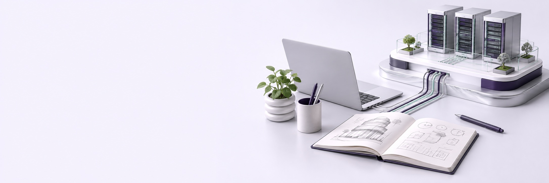 Concept illustration of a founder's laptop and plans connected to supporting infrastructure.