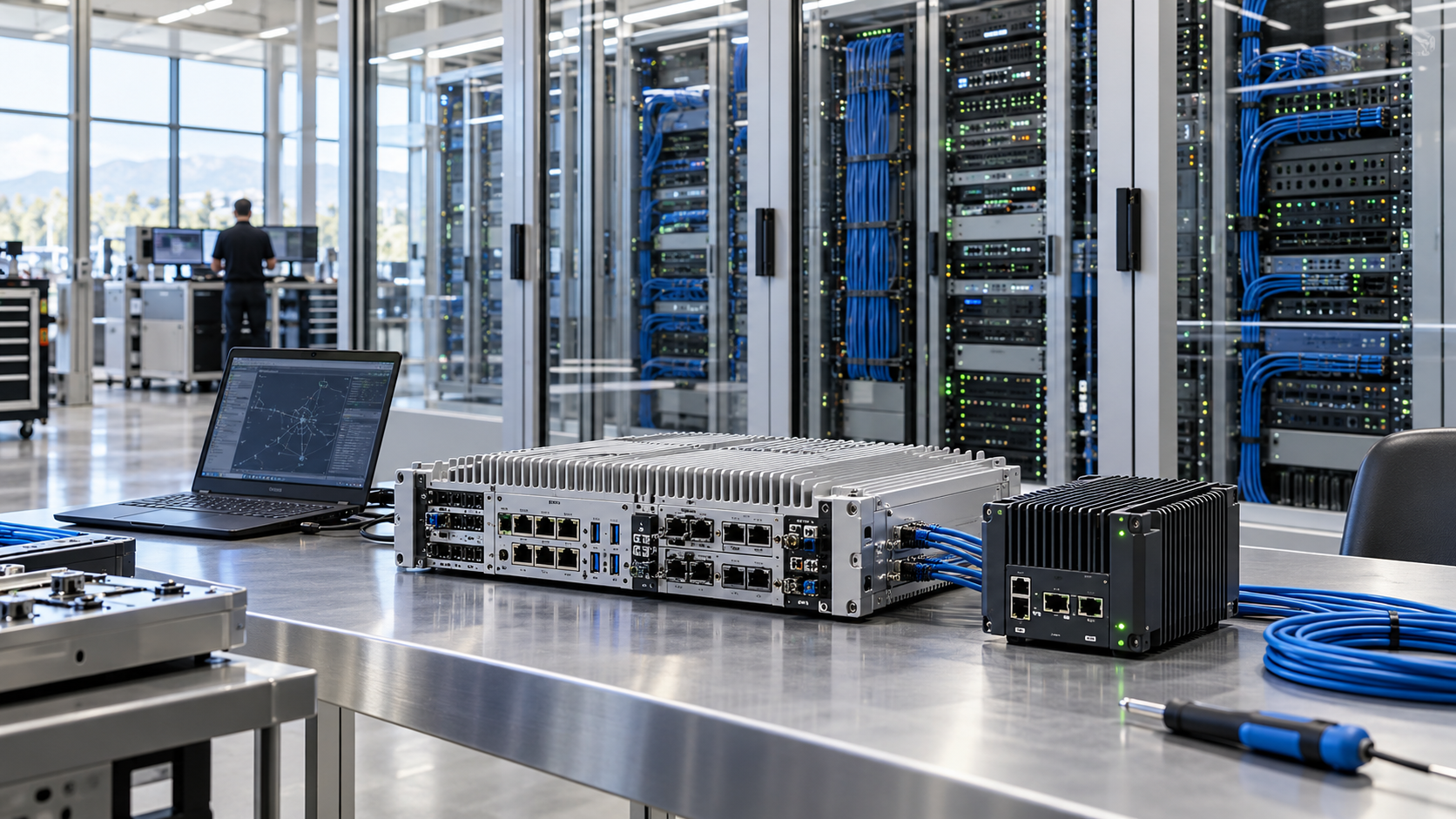 Concept computing facility with server racks and modular edge hardware