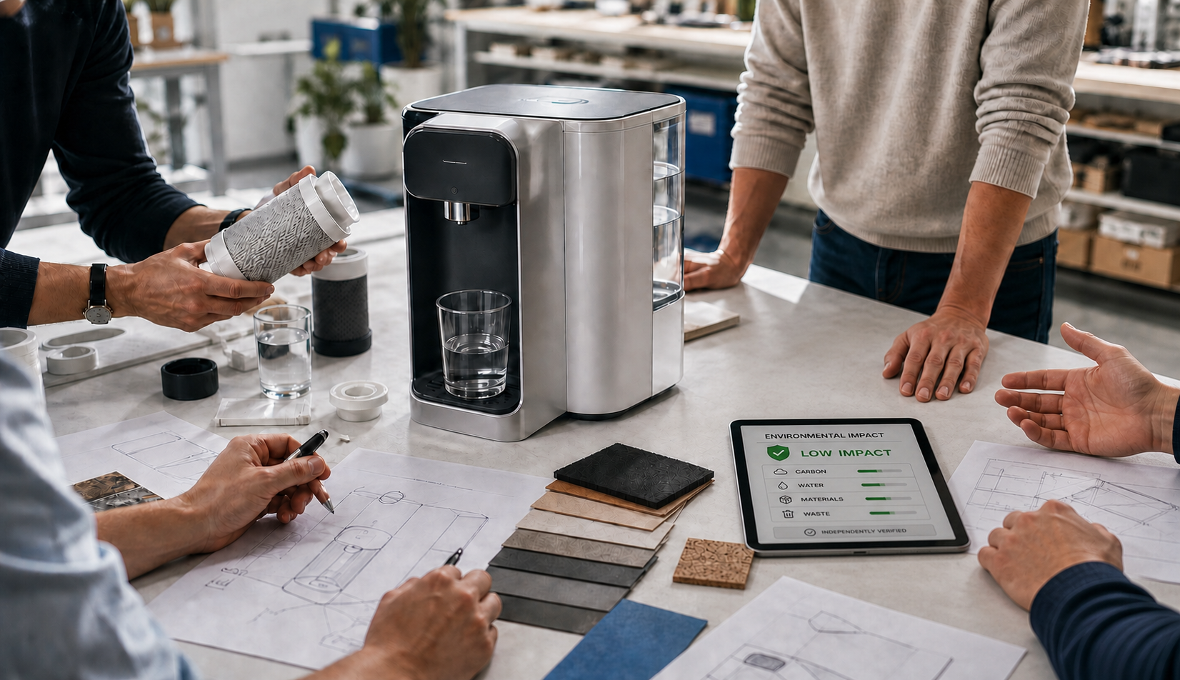 Collaborators developing a water purifier alongside its environmental impact report