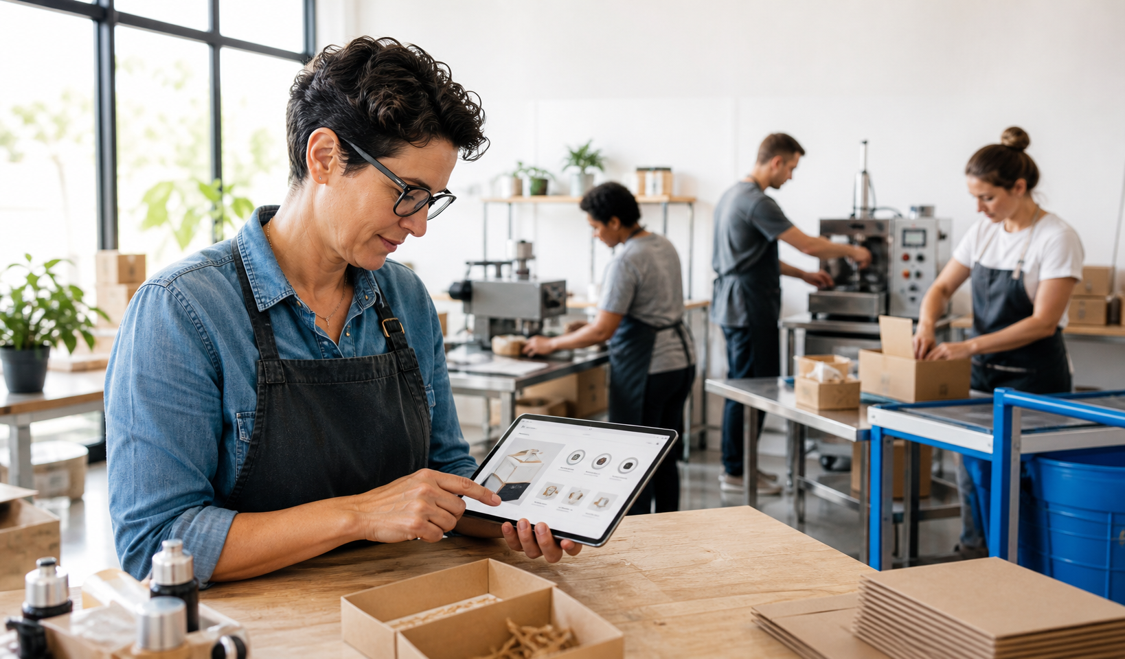 A small business owner reviewing matched production work with her team