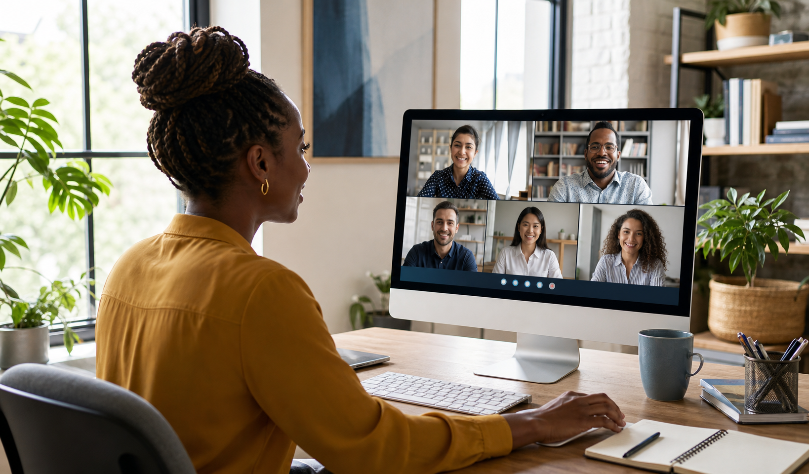 A Black woman participating in a professional group video meeting from her workspace