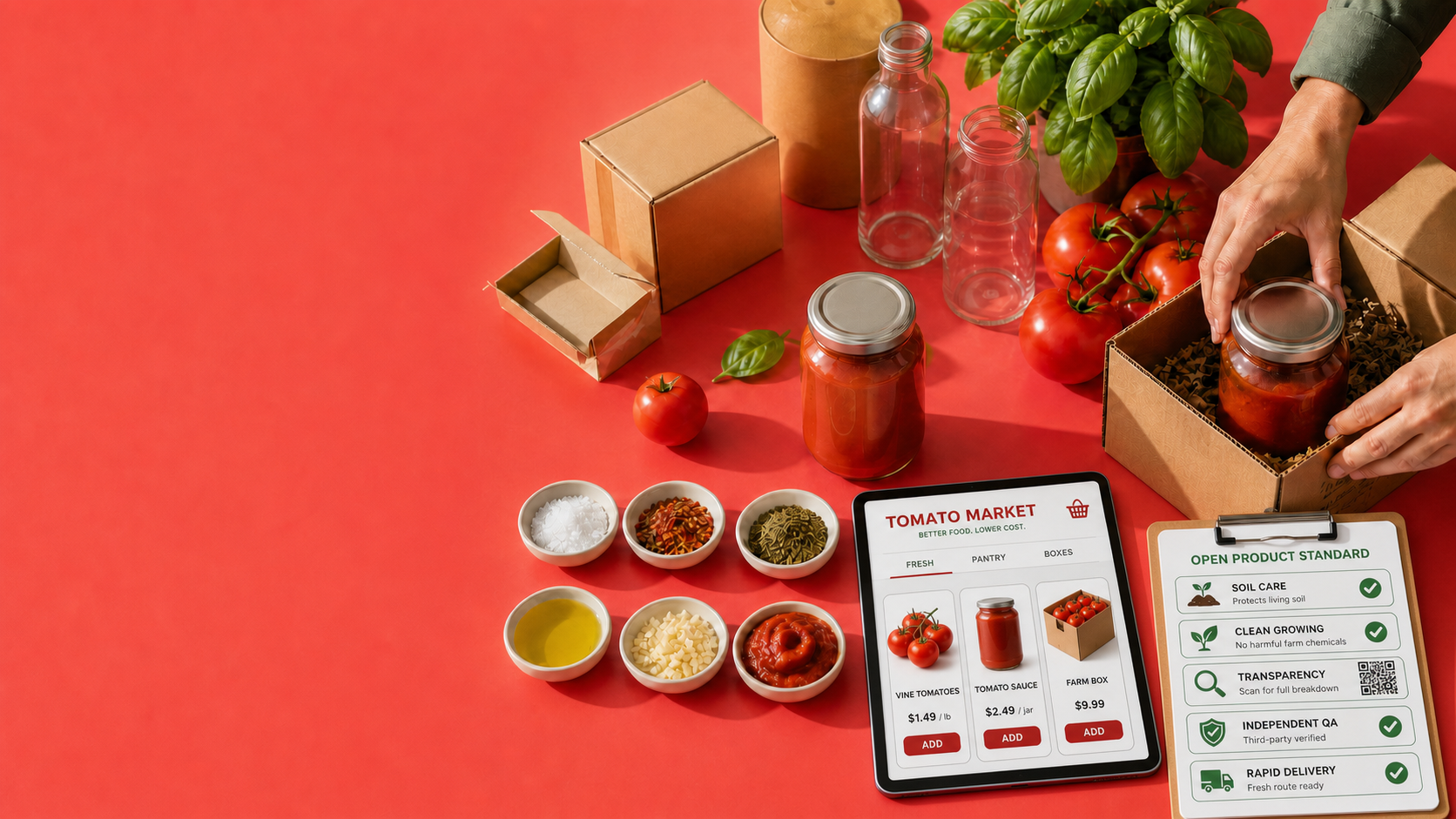 Tomatoes becoming an affordable sauce product through open farming standards, independent quality verification, packaging, and an online marketplace