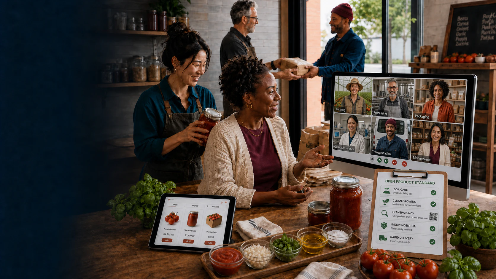A business owner collaborates with her product network while ingredients, standards, marketplace products, and delivery work come together