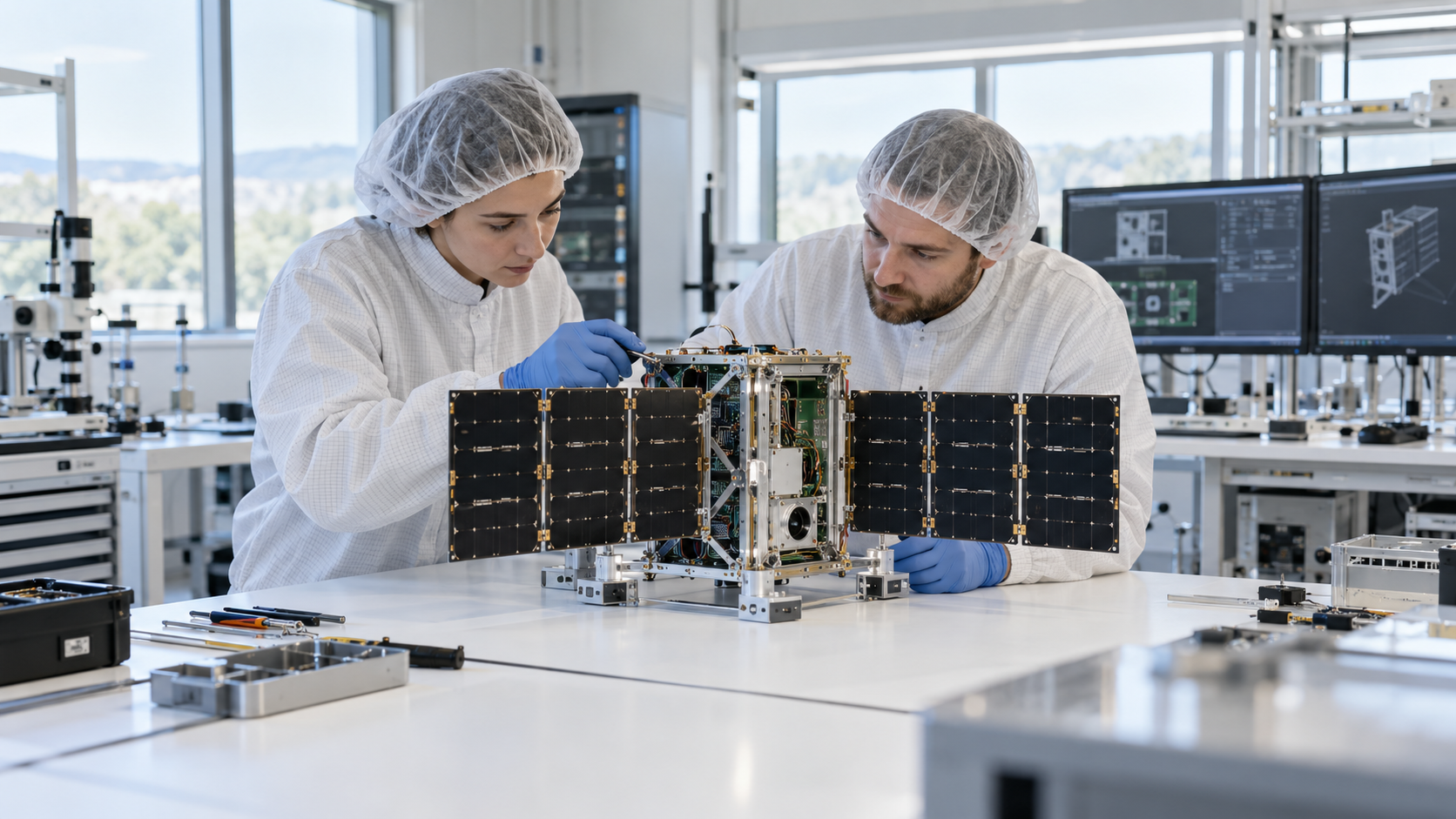 Concept satellite engineering facility with technicians and research equipment