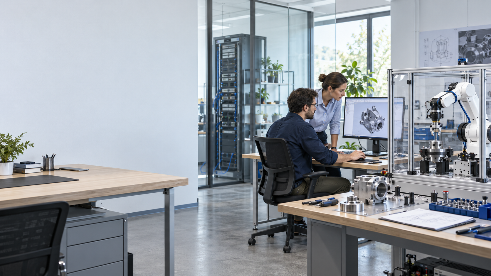 Illustrative engineering studio with a CAD workstation, enclosed robotic arm, and prototyping equipment